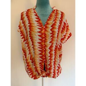 Marie Oliver 100% Silk ZigZag Tie-Front Top Orange Yellow Retro 70s Small resort